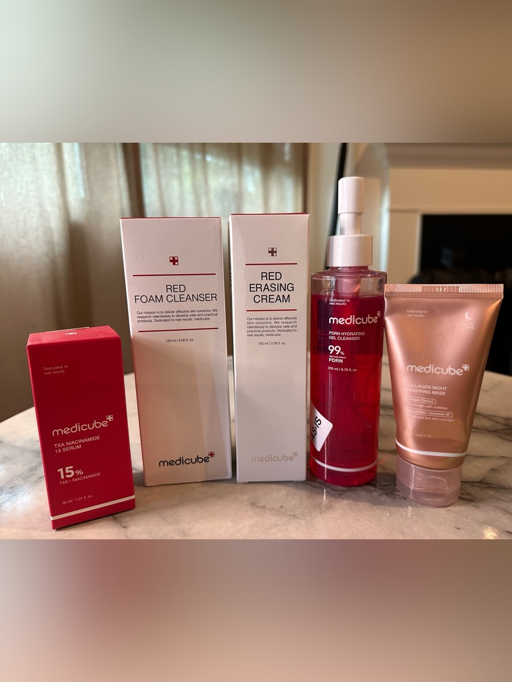 Medicube Red Foam Cleanser, Red Erasing Cream, Hyd gel cleanser, serum & mask